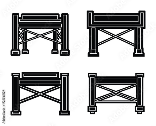 Wooden fence obstacles icons set, barrier with crossbars, black and white vector illustration isolated on white background