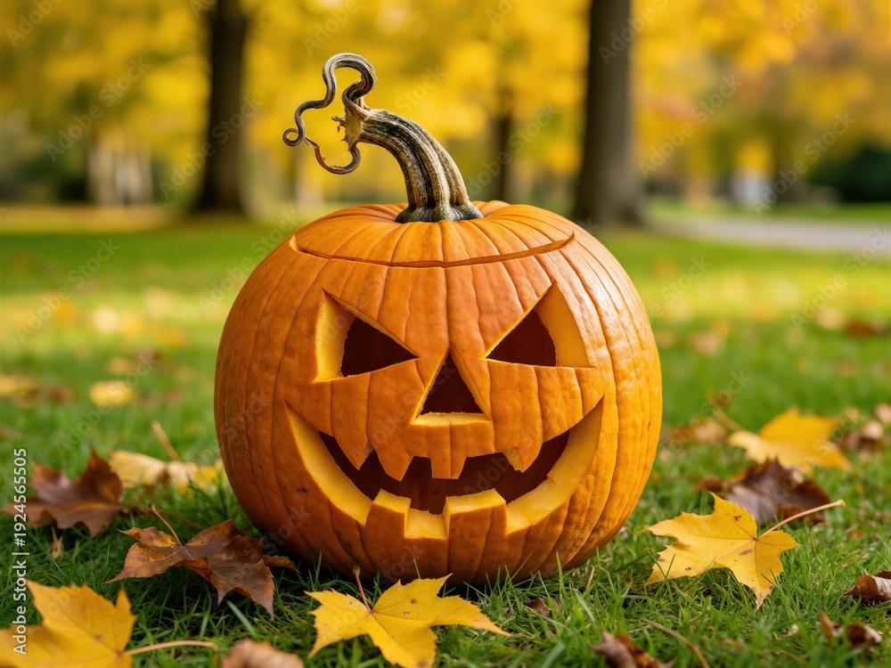 Obraz premium Pumpkin Jack O Lantern on Grass with Autumn Leaves and Blurred Golden Trees