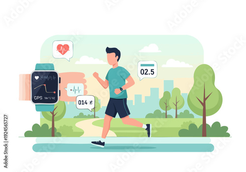 Man running outdoors with smartwatch tracking fitness metrics.