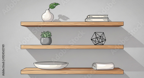 Wooden shelves with decorative items on a gray wall background modern home decor concept