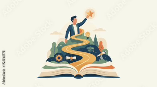 Man Reaching for Success on a Winding Path from an Open Book.