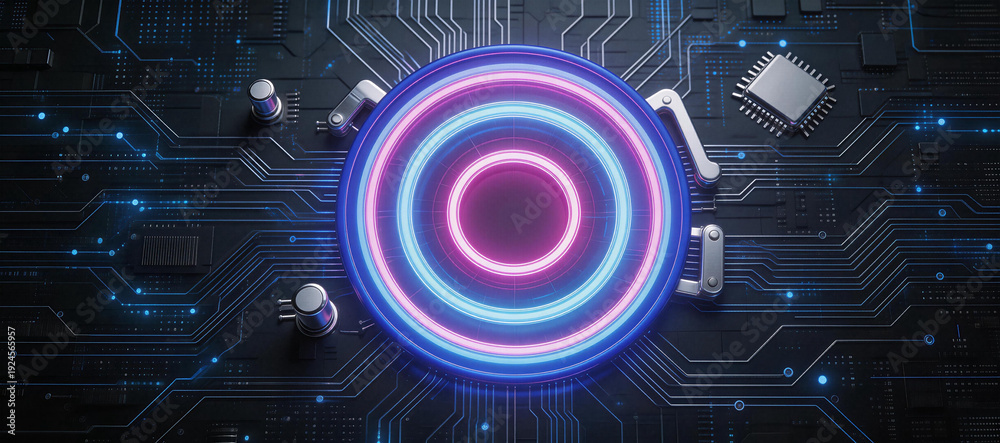 Fototapeta premium Neon-lit circular patterns on a dark circuit board with electronic components, symbolizing tech innovation and digital engineering.
