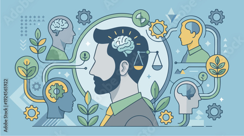 Man with brain and gears symbolizing thought process.