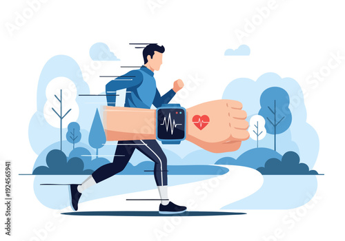 Man Running With Smartwatch Tracking Heart Rate.