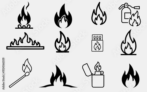 Fire Line Icons set isolated on white background 