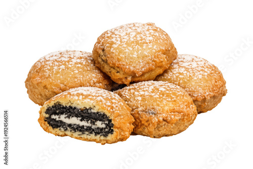 Deep-fried chocolate cream sandwich cookies with powdered sugar