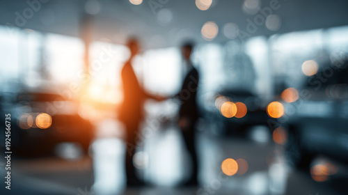 The image blurs as two people hold hands in a luxury car showroom, Concepts related to buying, selling, or leasing a car.