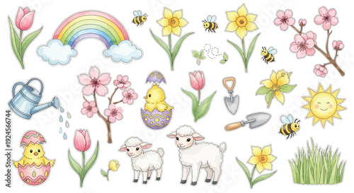 A vibrant collection of Easter and spring-themed illustrations featuring cute chicks, fluffy lambs, blooming flowers, a rainbow, and busy bees.