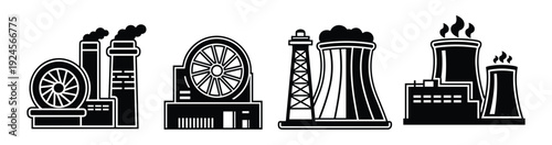 Silhouettes of thermal power stations, nuclear plants, and heavy industry manufacturing buildings