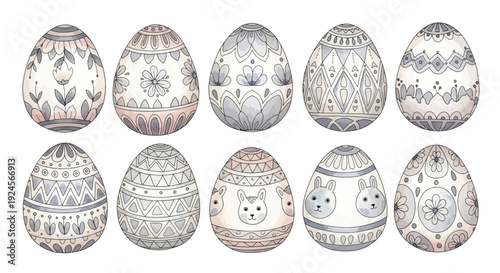 A collection of ten intricately decorated Easter eggs, featuring delicate floral patterns, geometric designs, and charming bunny faces in a pastel color palette.