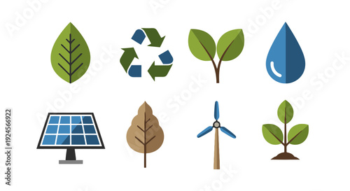 Sustainable energy icons featuring eco-friendly symbols and renewable resources in a clean environment