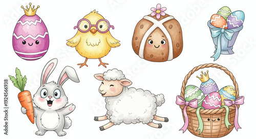 A charming collection of cute Easter-themed illustrations featuring a bunny, chick, sheep, decorated eggs, and a basket of goodies.