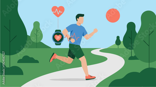 Man running outdoors with smartwatch and heart health monitor.