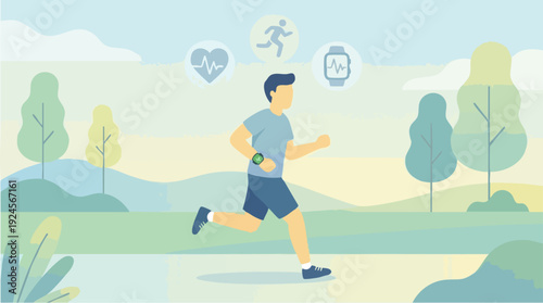 Man running with fitness tracker and health icons.