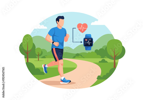 Man running outdoors with smartwatch tracking heart rate.