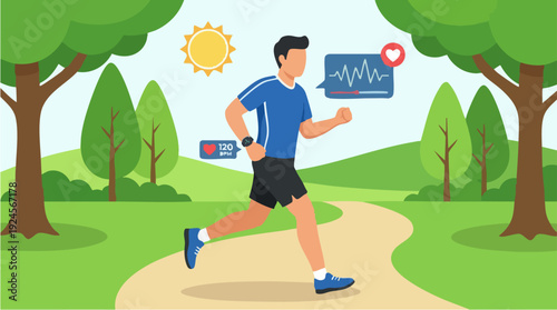 Man jogging outdoors with fitness tracker and heart rate monitor.