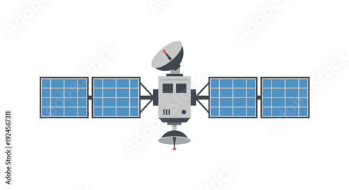 Satellite with solar panels and antenna orbiting the Earth in space from a distant viewpoint