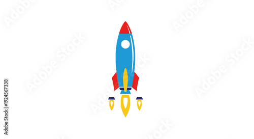 Colorful cartoon rocket ship illustration flying upwards with vibrant fins and flames