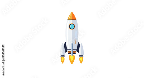 Illustration of a rocket ship launching into space from a launchpad with flames