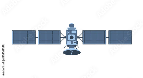 Satellite illustration with solar panels and antenna in space from a front viewpoint