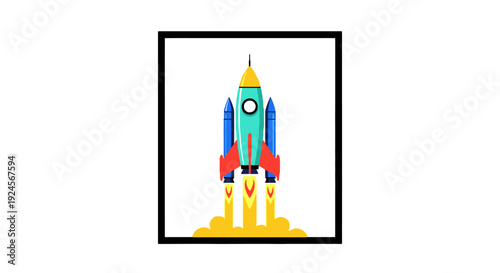 A colorful rocket launch illustration on a launchpad from a straight-on viewpoint