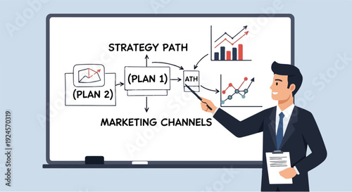Business Professional Presenting Strategic Marketing Plans and Financial Growth Analytics on Whiteboard