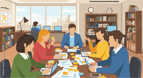 Diverse professional team collaborating in a modern office environment, engaging in a productive brainstorming meeting to develop new business strategies and innovative solutions