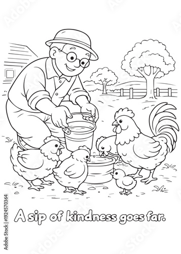 coloring book  grandfather pouring grain from a bucket to chickens