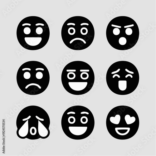 Collection of minimalist emoticon icons in thin black line art style, simple circular design, various facial expressions, vector graphics, digital art, emotive symbols