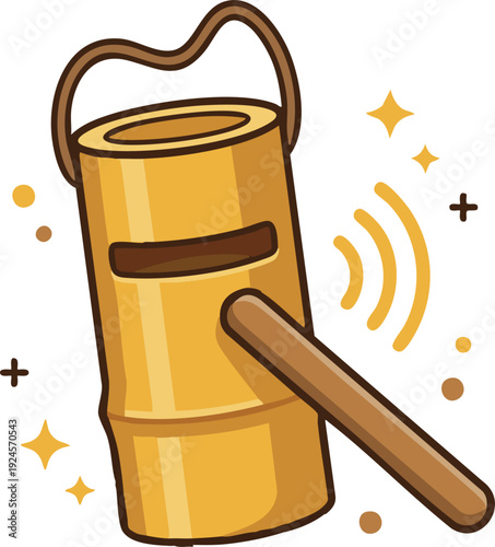 Illustration of "kentongan," a traditional Indonesian bamboo percussion instrument used for communication and village security. Cultural heritage concept in flat vector style.