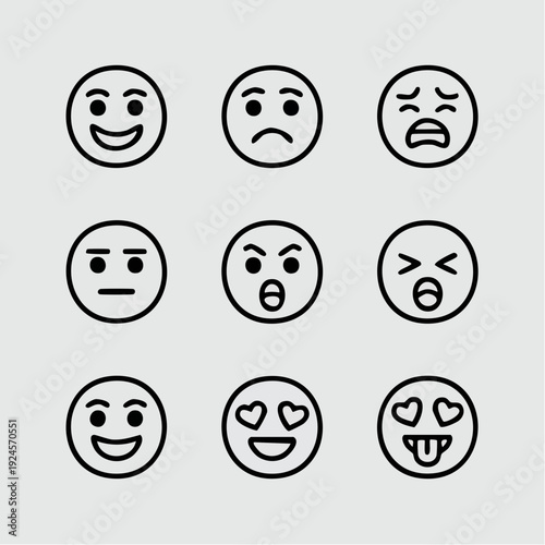 Collection of various facial expressions in a grid layout, vector emojis, emotions, 3D style, smooth designs, illustration