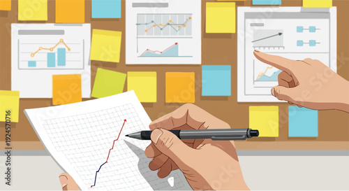 Analyzing business growth charts and graphs on a bulletin board with sticky notes, illustrating data analysis and strategic planning