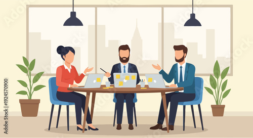 Professional business team collaborating on a project in a modern office meeting room, engaging in strategic discussion and fostering teamwork to achieve company goals