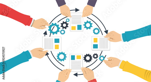 Collaborative team engaged in a circular business workflow, optimizing project management and processes, driving continuous improvement for enhanced efficiency and strategic goals