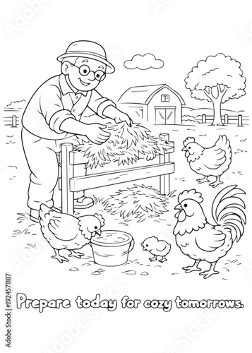 coloring book  grandfather preparing the coop and organizing feed for tomorrow