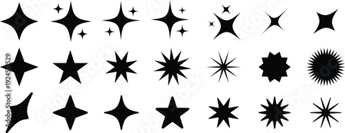 A diverse collection of black sparkling star shapes and glitter icons arranged neatly on white