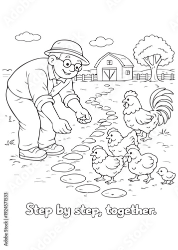 coloring book grandfather gently gathering chicks in his hands