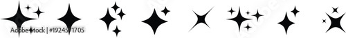 A horizontal array of various black four pointed sparkle shapes and shining star icons on white