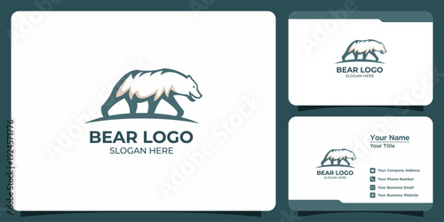 Modern vector illustration of a powerful walking bear silhouette logo design, elegantly presented on a business card template for professional corporate branding identity