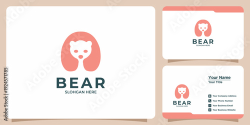 Modern minimalist bear head logo design featuring a cute and friendly animal character in an abstract oval shape, ideal for creative branding, corporate identity, and business card templates