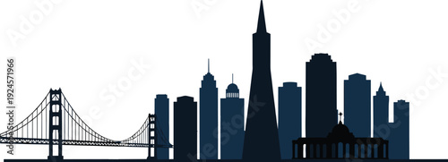 Dark blue vector silhouette of a city skyline featuring a suspension bridge skyscrapers and famous landmarks for urban travel tourism and architectural branding design