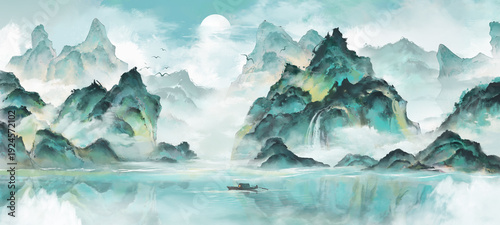 Blue-Green Chinese Shan Shui Painting with Willow Branches in Spring