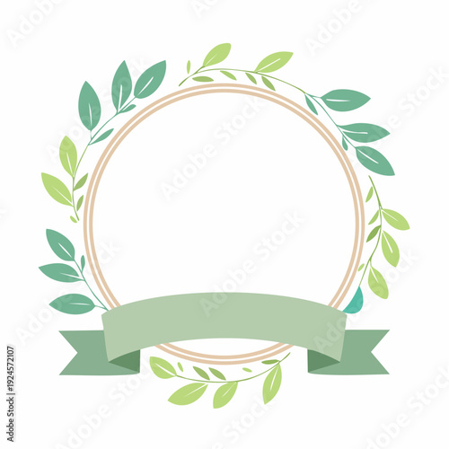 セージグリーンのリボンとボタニカルな円形フレーム