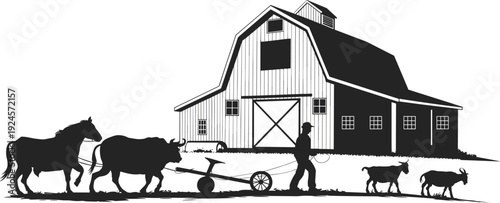 Detailed Black and White Vector Illustration of a Traditional Rural Farm with Large Barn Farmer Plowing with Horses and Grazing Goats in Pastoral Countryside