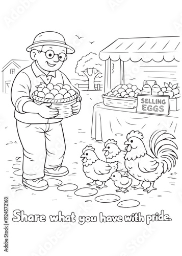 coloring book  grandfather selling fresh eggs at a market stall