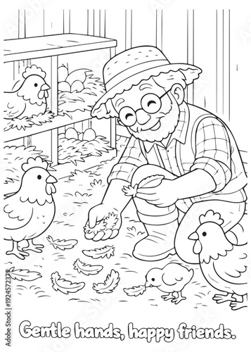 coloring book  grandfather checking chicks inside a cozy coop