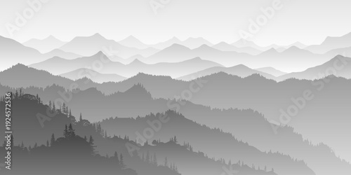 Vector minimalistic illustration of mountains, black and white landscape, ridge gradients in the morning haze