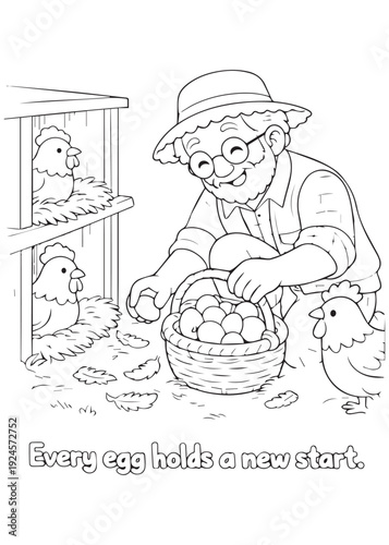 coloring book  grandfather collecting eggs into a woven basket
