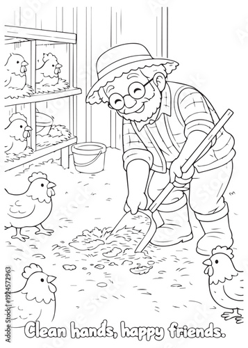 coloring book grandfather raking the yard and tidying the chicken area