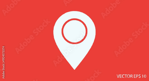Minimalist vector graphic of a white map pin icon featuring a central red circle, set against a vibrant solid red background, perfect for navigation, directions, and location apps